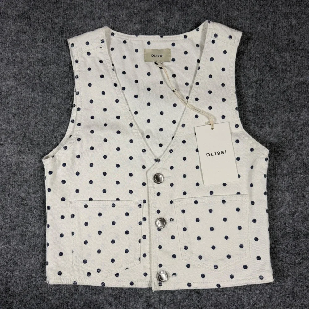 DL1961 Polka Dot Denim Vest Girls Size L White Cotton Recycled Button NWT
